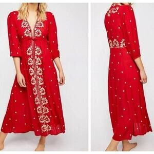 Free People Embroidered Fable Midi Rock N' Roll Red Dress Size Small Boho